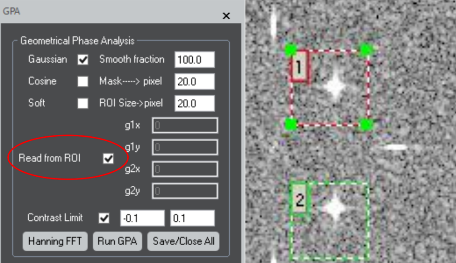 DigitalMicrograph GPA2.0 界面，展示 Read from ROI 与 GPA 分析区域设置